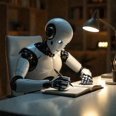 The primary subject of the image is a robot sitting at a desk, writing in a book. The setting is an office environment, with a chair, a desk, and a lamp nearby. The visual style is a combination of photo and digital art, creating a futuristic and technological atmosphere. The colors are predominantly white and grey, with the robot's body being white and the book being grey. The overall mood is focused and attentive, as the robot appears to be working diligently on its task